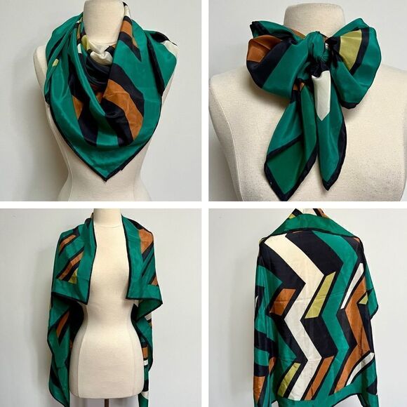 Vintage 80s / 90s Big Block Chevron Geometric Gorgeous Teal Lime Brown Scarf - Picture 2 of 2